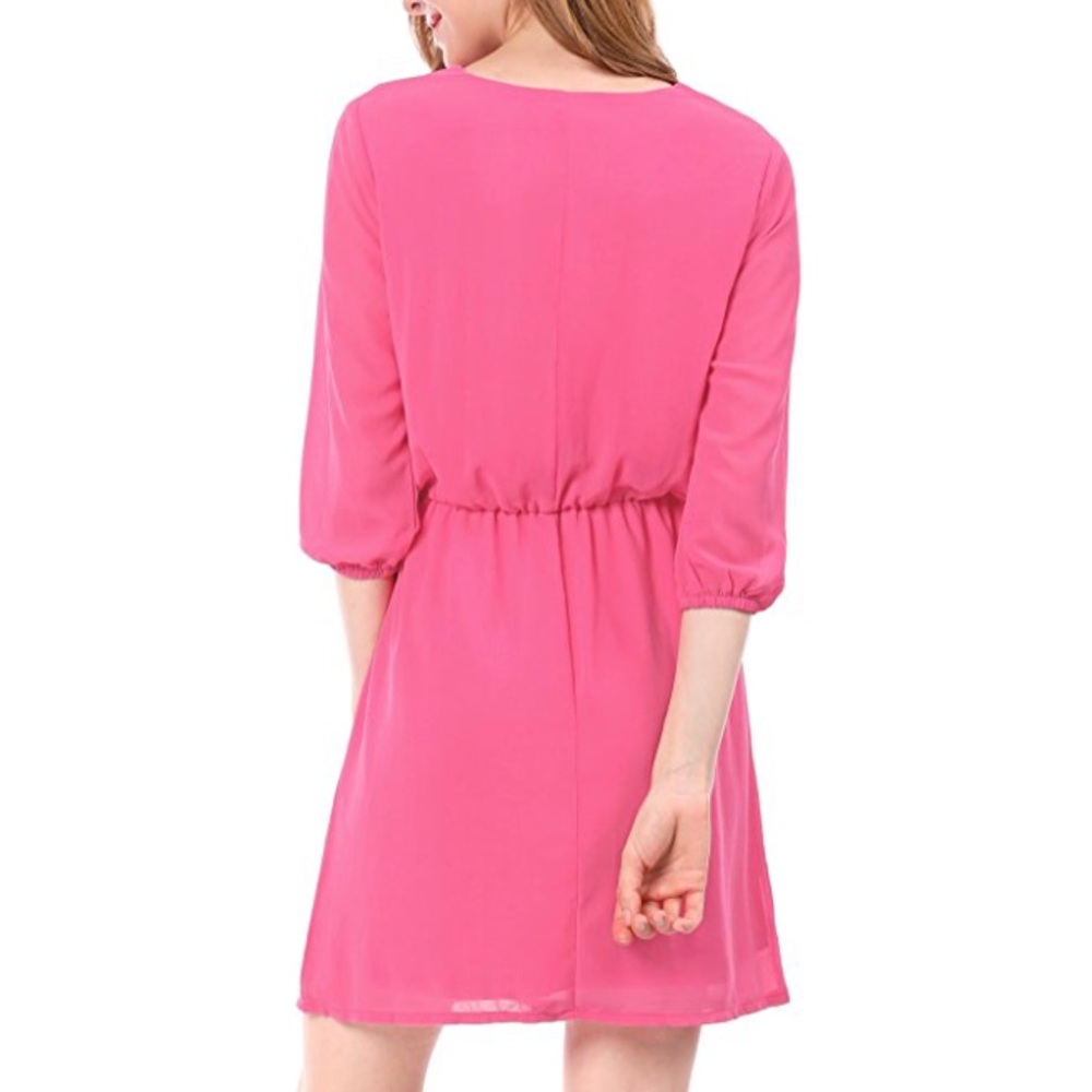 Hot Pink V Neck 3/4 Sleeve Knee High Chiffon Dress - Picture 7 of 8